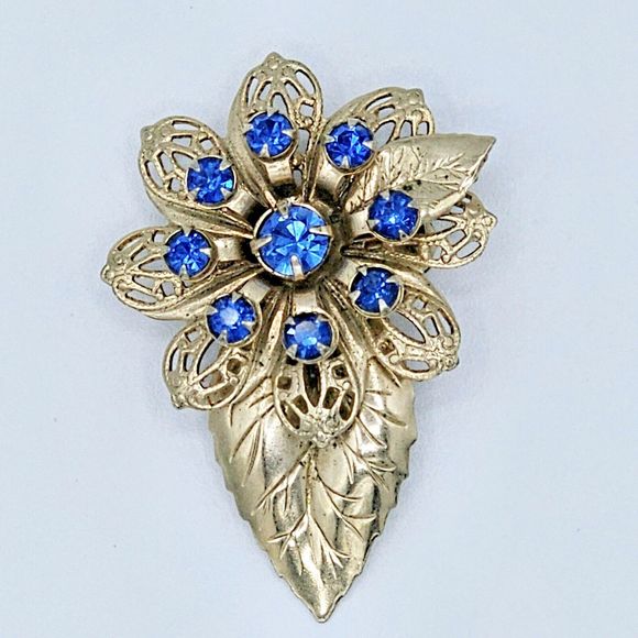 Filigree Flower Brooch Vtg Blue Crystal 10K GP Elegant Floral Bloom Estate Pin - Picture 4 of 11